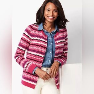 Talbots Pink Fair Isle Nordic Style Lambswool Blend Cardigan Sweater Size Medium